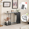 Console table with faux marble top and plant positions, featuring a black powder-coated metal frame for stability.