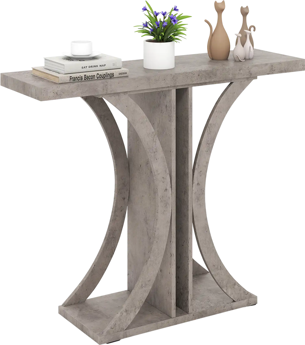 Rectangular gray console table with geometric frame, ideal for entryways, featuring ample storage for decor and plants.