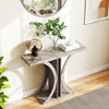 Gray console table with geometric frame, featuring abundant display space for plants and photos, ideal for entryways.