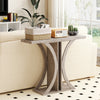 Gray console table with geometric frame, offering ample storage for decor, suitable for living room or entryway.