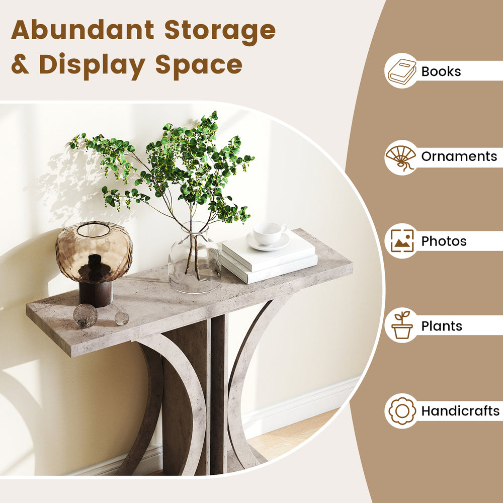 Console table with geometric frame in gray, featuring abundant storage for photos and plants, ideal for entryways.