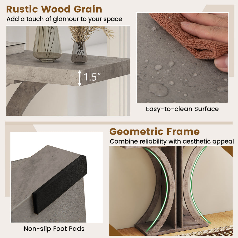 Console table with geometric frame in gray, featuring rustic wood grain and easy-to-clean surface for entryway use.