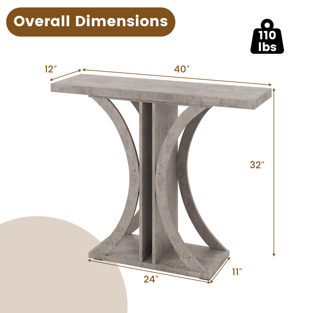 Rectangular gray console table with geometric frame, measuring 39.5 inches, ideal for entryways and small spaces.