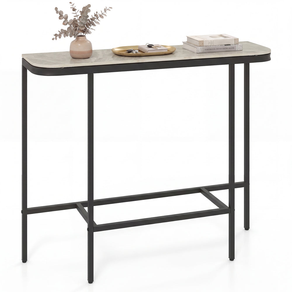 Console table with gray faux marble tabletop and heavy-duty metal frame, perfect for entryways and living rooms.