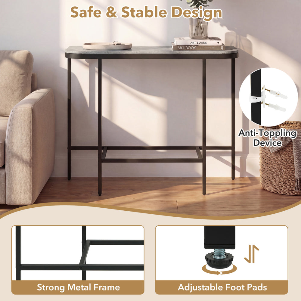 Console table with gray faux marble tabletop and heavy-duty metal frame, featuring adjustable foot pads for stability.