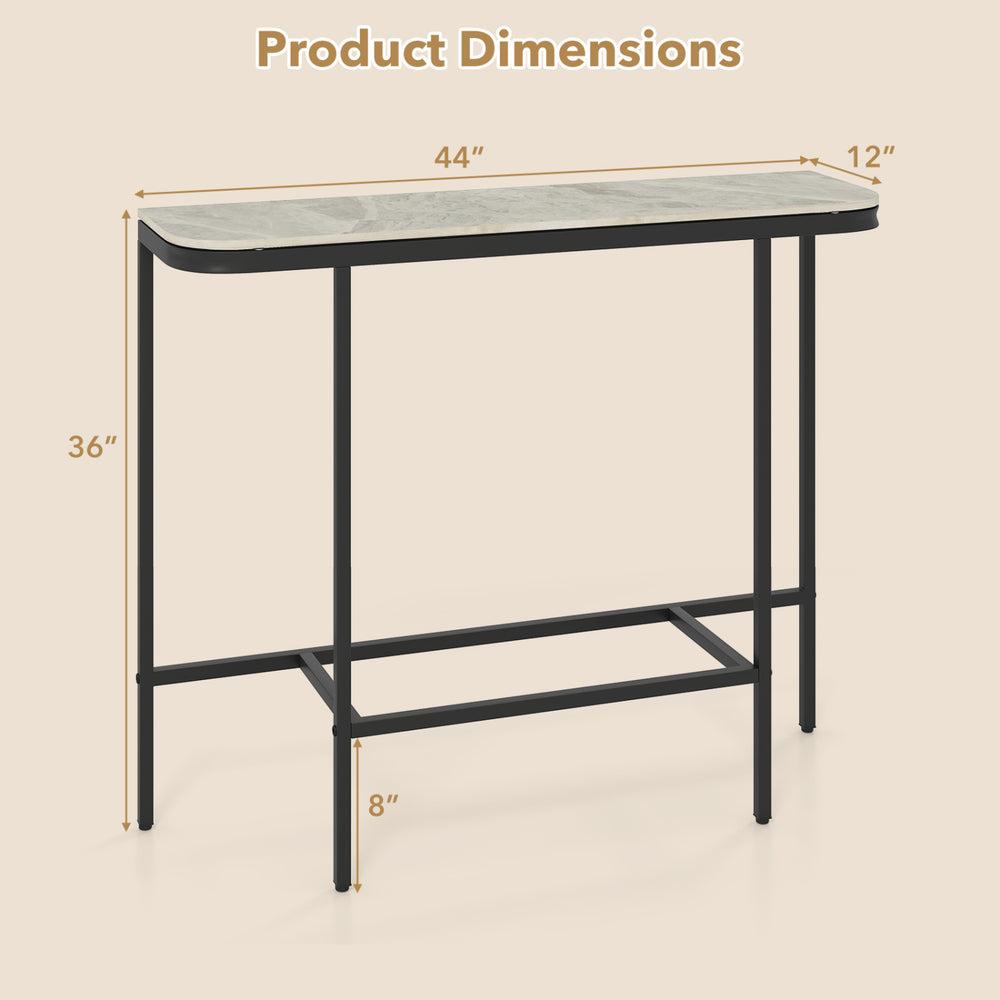 Console table with faux marble tabletop and heavy-duty metal frame, measuring 44" x 12" x 36", ideal for entryways.