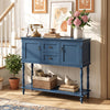 Blue console table with 2 drawers, 2 door cabinets, and a bottom storage shelf, perfect for living room organization.
