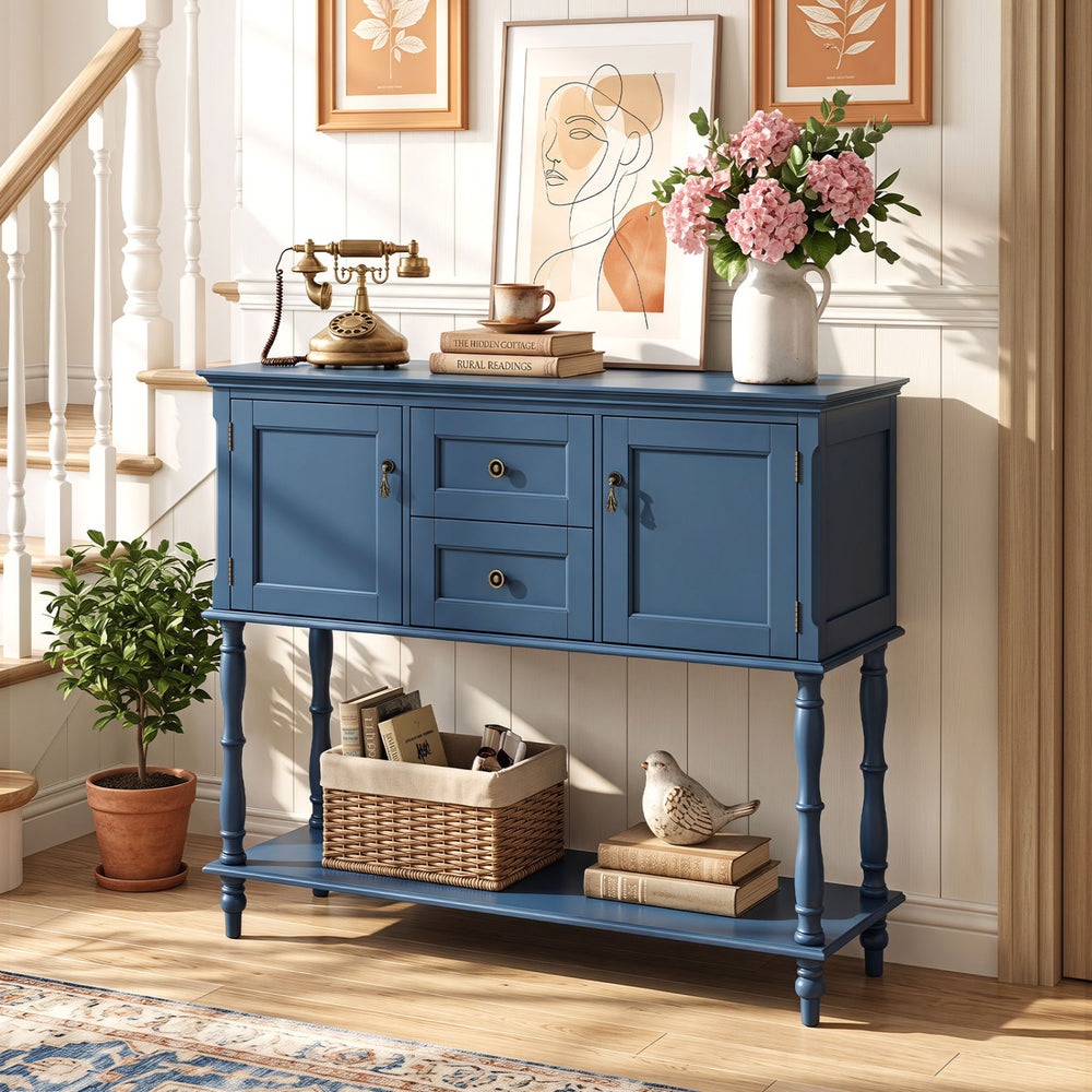 Blue console table with 2 drawers, 2 door cabinets, and a bottom storage shelf, perfect for living room organization.
