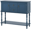 Console table in blue featuring 2 drawers, 2 door cabinets, and a bottom storage shelf for stylish organization.
