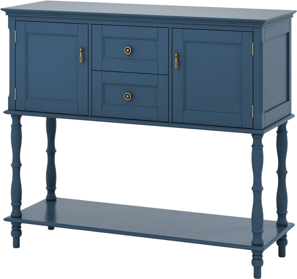 Console table in blue featuring 2 drawers, 2 door cabinets, and a bottom storage shelf for stylish organization.