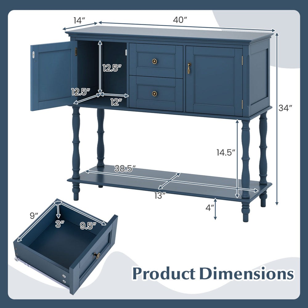 Console table in blue featuring 2 drawers, 2 door cabinets, and a bottom shelf for stylish storage in any room.