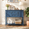 Console table in blue featuring 2 drawers, 2 door cabinets, and a bottom storage shelf, perfect for living room organization.
