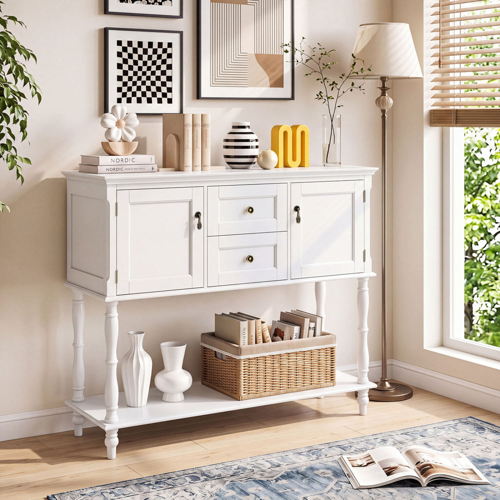 Console Table with 2 Drawers and 2 Door Cabinets and Bottom Storage Shelf-White - Gallery View 1 of 10