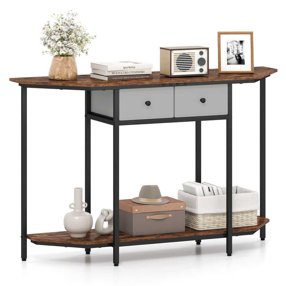 Console table with rustic brown finish, featuring 2 drawers and open shelf, perfect for living rooms and hallways.