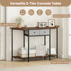 Rustic brown console table featuring a polygonal tabletop, two drawers, and an open bottom shelf for versatile storage.