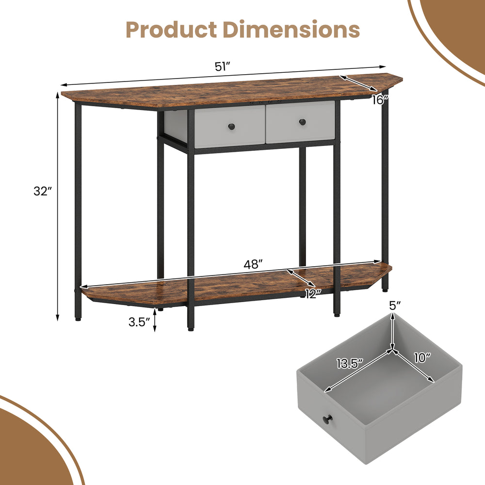 Console table with rustic brown polygonal top, featuring 2 drawers and open shelf, ideal for living rooms and hallways.