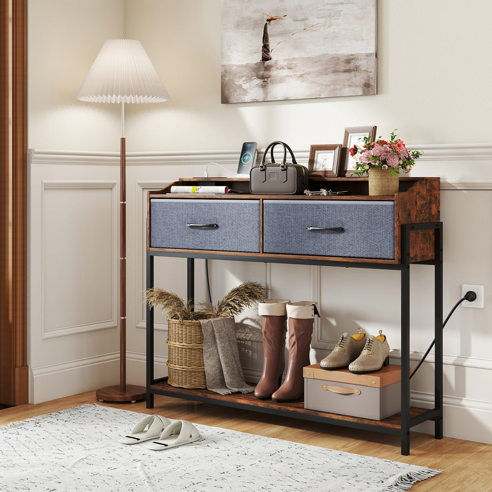 Rustic brown console table with charging station, featuring 2 drawers and a bottom shelf for storage in narrow entryways.