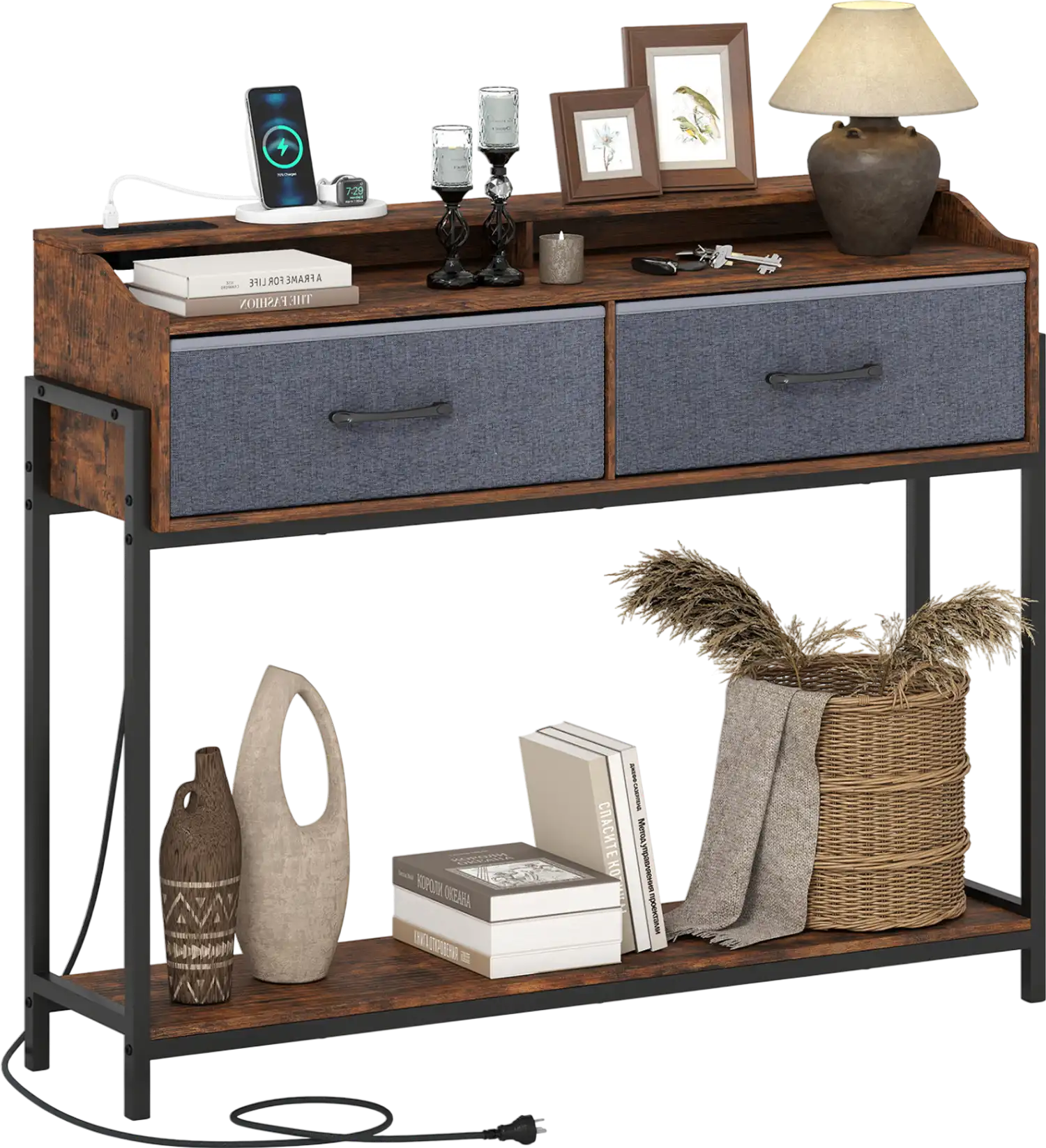 Costway Console Table Charging Station Narrow Entryway 2 Drawers Shelves 110 cm 87903949 New