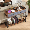 Rustic brown console table with charging station, two drawers, and shelves, perfect for narrow entryways or living rooms.
