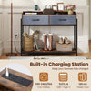 Console table with charging station features 2 drawers, 2 AC outlets, and USB ports, perfect for narrow entryways.