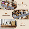 Rustic brown console table with 2 fabric drawers, spacious tabletop, and integrated charging station for convenient use.