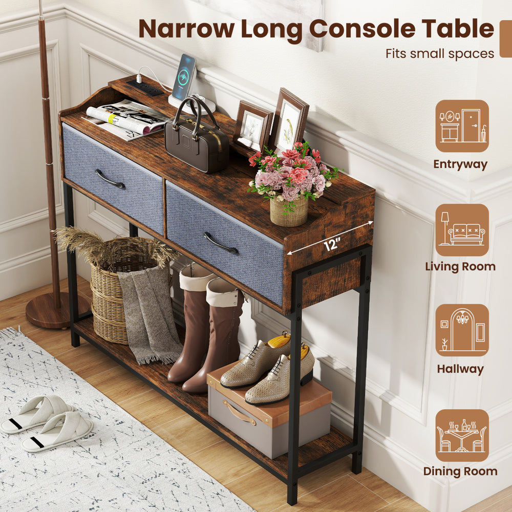 Narrow rustic brown console table with charging station, two drawers, and shelves for entryway or living room storage.