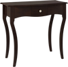 Espresso console table with a drawer, solid pine wood frame, and curved rubber wood legs for elegant hallway decor.