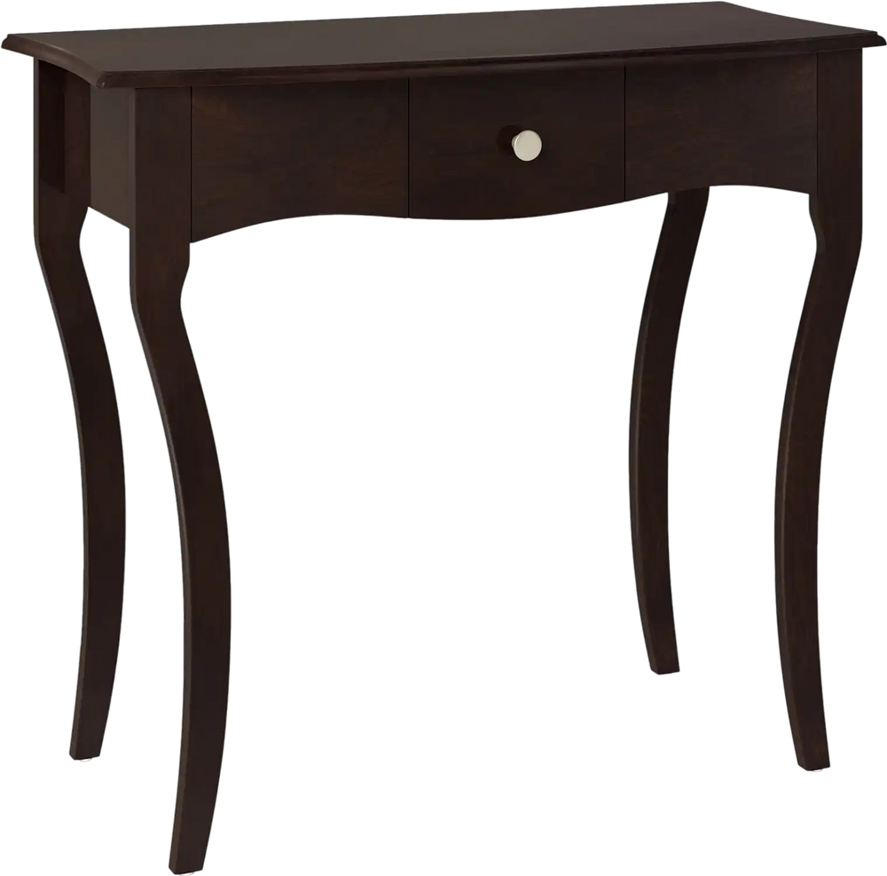 Espresso console table with a drawer, solid pine wood frame, and curved rubber wood legs for elegant hallway decor.
