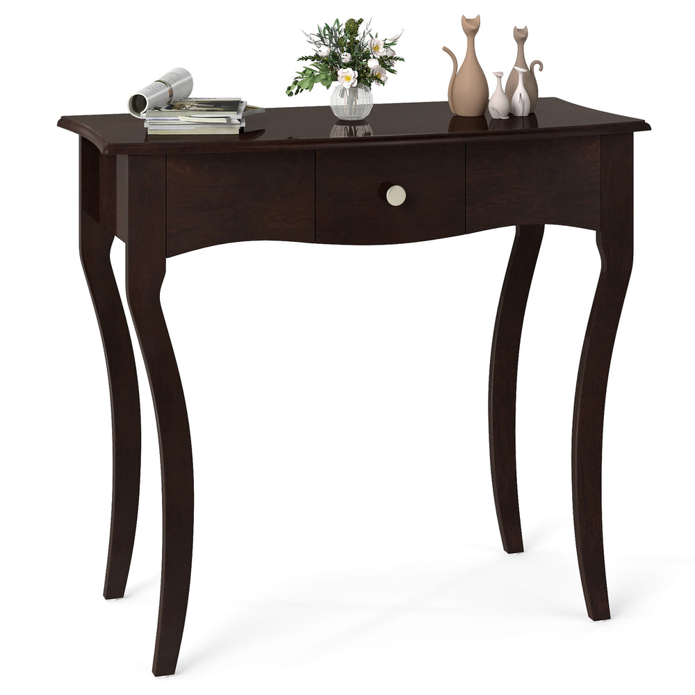 Espresso console table with drawer, solid pine wood frame, curved legs, perfect for hallway or living room use.