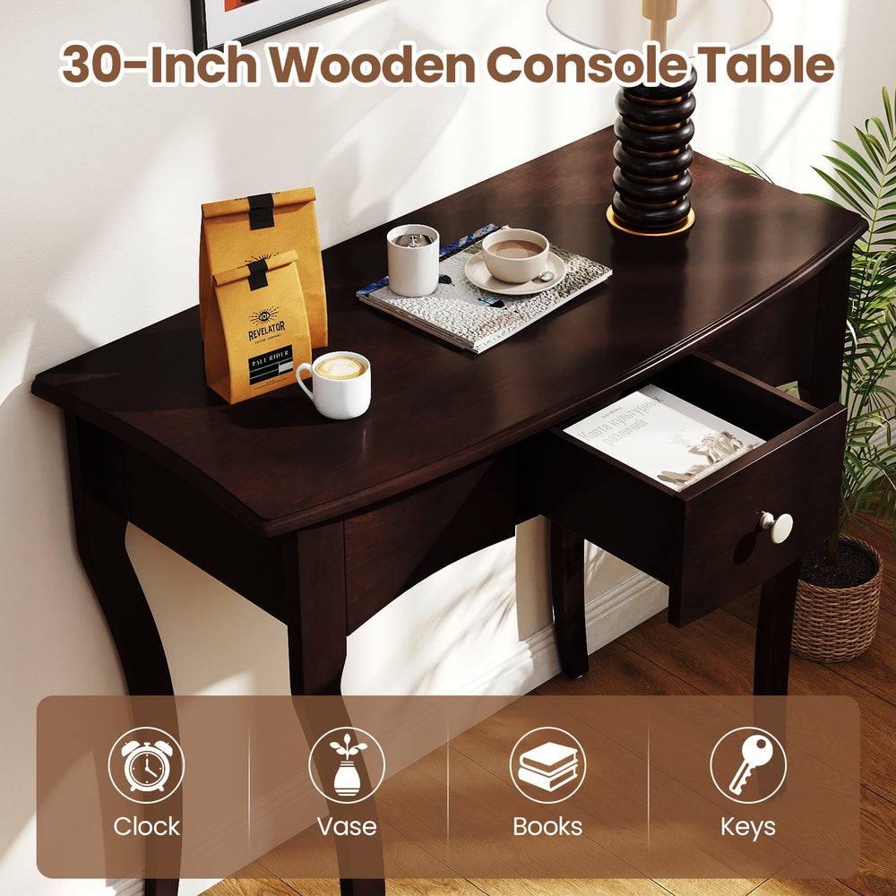 Espresso console table with drawer, solid pine wood frame, and curved legs, perfect for hallway or living room use.