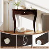 Espresso console table with drawer, solid pine wood frame, curved legs, ideal for hallway or living room use.