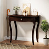 Console table in espresso finish with a drawer, solid wood frame, and curved legs, perfect for entryways or hallways.