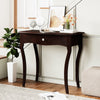 Console table with a wide espresso tabletop and elegant curved legs, perfect for displaying decor in your living room.