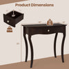 Console table with drawer in espresso finish, solid pine wood frame, dimensions 34"x16"x30", ideal for hallway use.