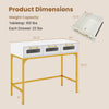 Console table with LED lighting, dimensions 35.5" x 16" x 29.5", featuring three drawers and a charging station.
