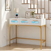 Console table with LED lighting and charging station in white, featuring three drawers and gold legs, ideal for living.
