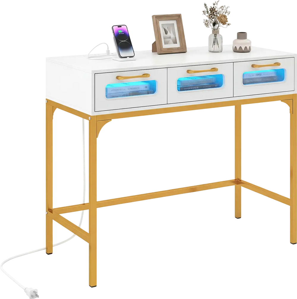 Console table in white with LED lighting and charging station, featuring three drawers and a gold metal frame.