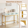 Console table with LED lighting and charging station, featuring robust metal legs and three drawers for living room use.