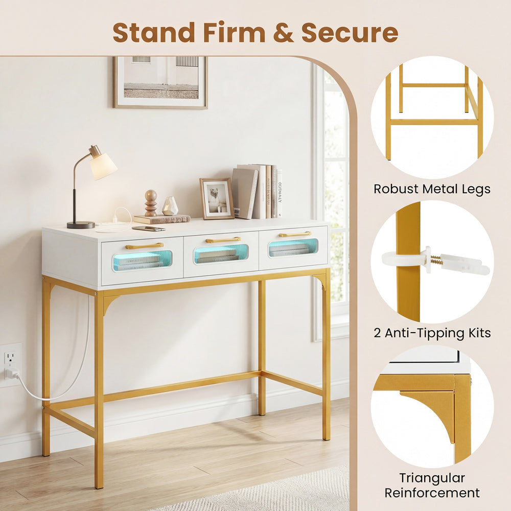 Console table with LED lighting and charging station, featuring robust metal legs and three drawers for living room use.