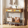 Console table with LED lights, featuring two large drawers and an open shelf for storage in a hallway entrance.