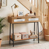 Console table with LED lights, two large drawers, and an open shelf for storage in a natural wood finish.