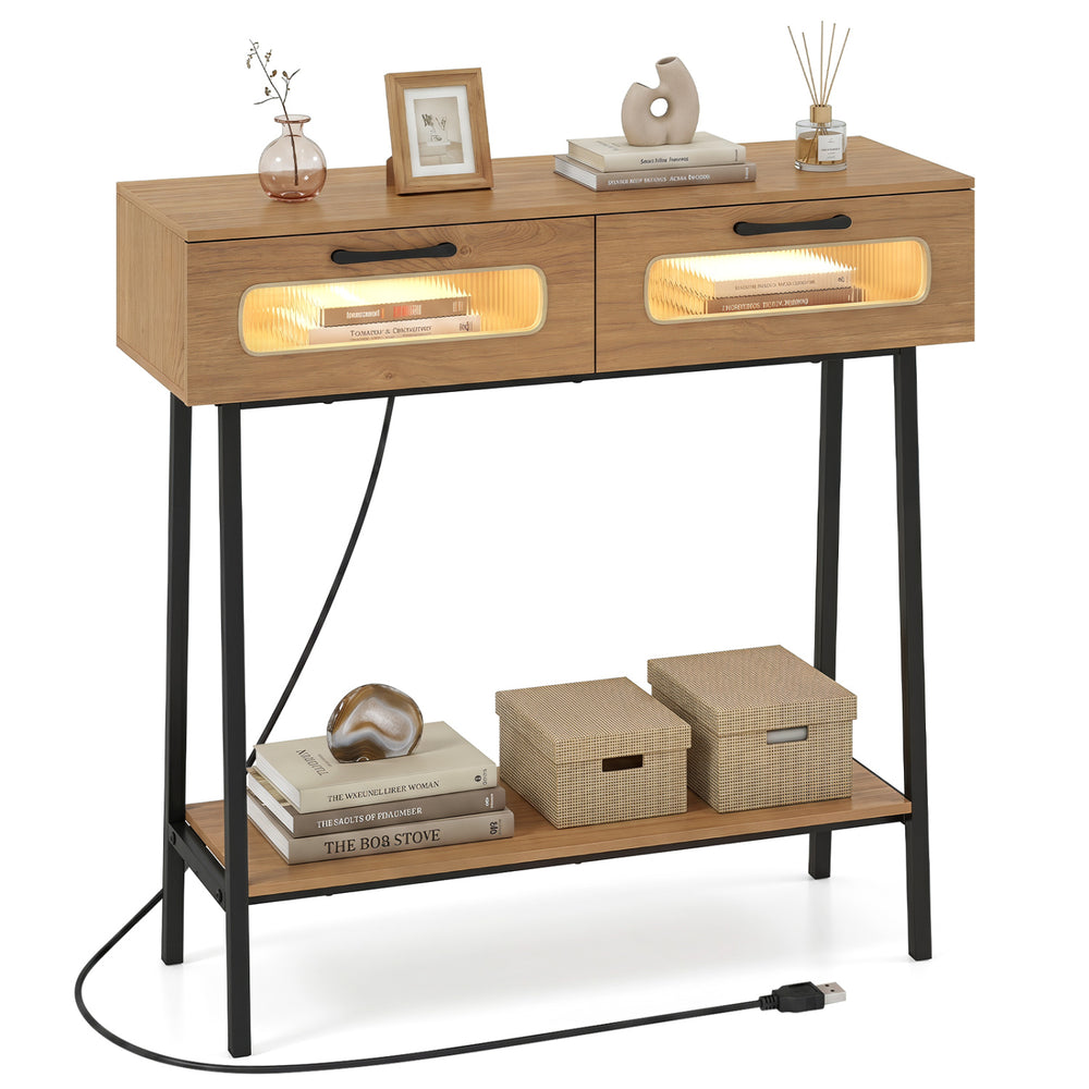 Console table with LED lights, featuring two drawers and an open shelf, perfect for hallway storage and decor.