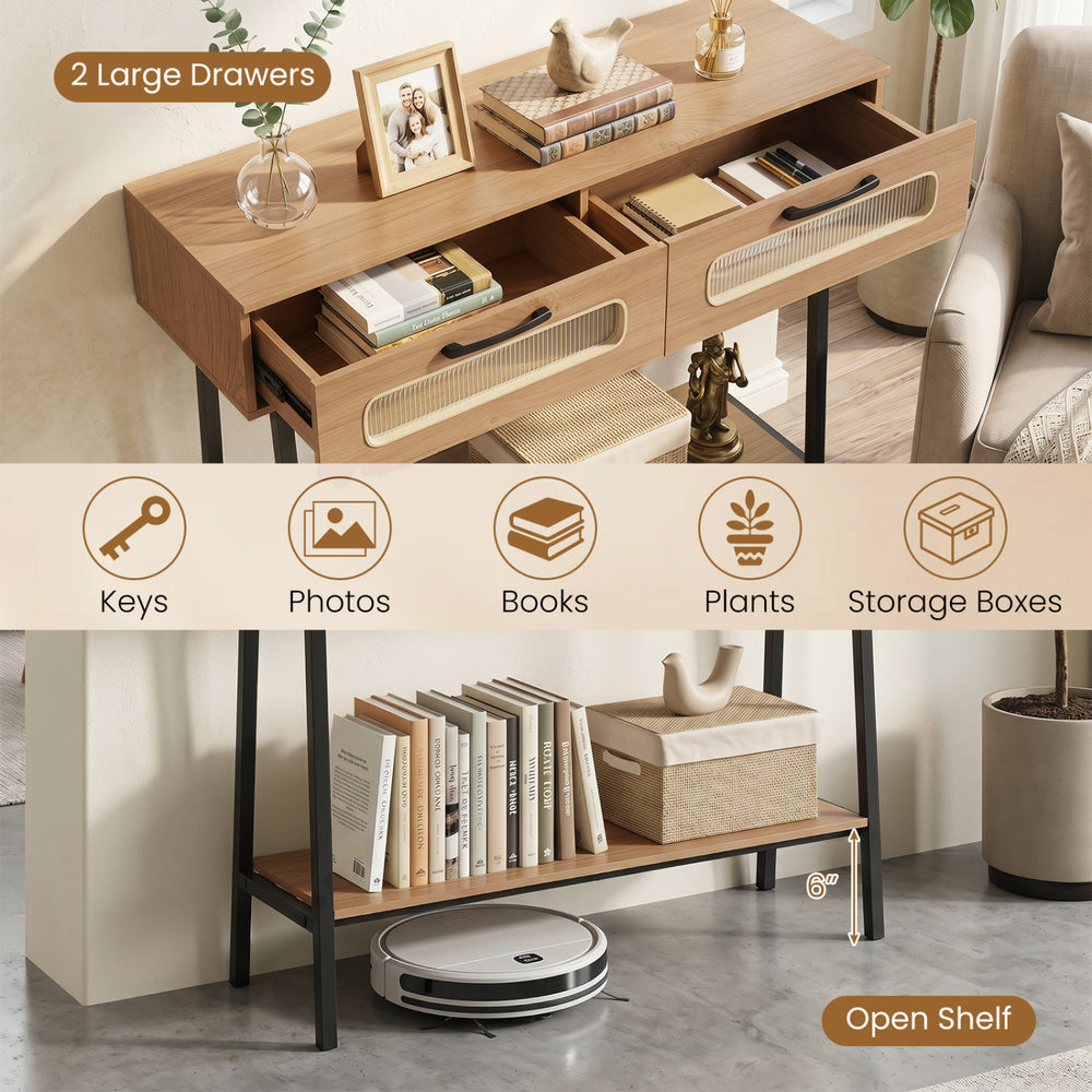 Console table featuring colorful LED lights, two large drawers for storage, and an open shelf for plants and boxes.