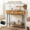Console table featuring colorful LED lights, two large drawers, and an open shelf, supported by a heavy-duty metal frame.