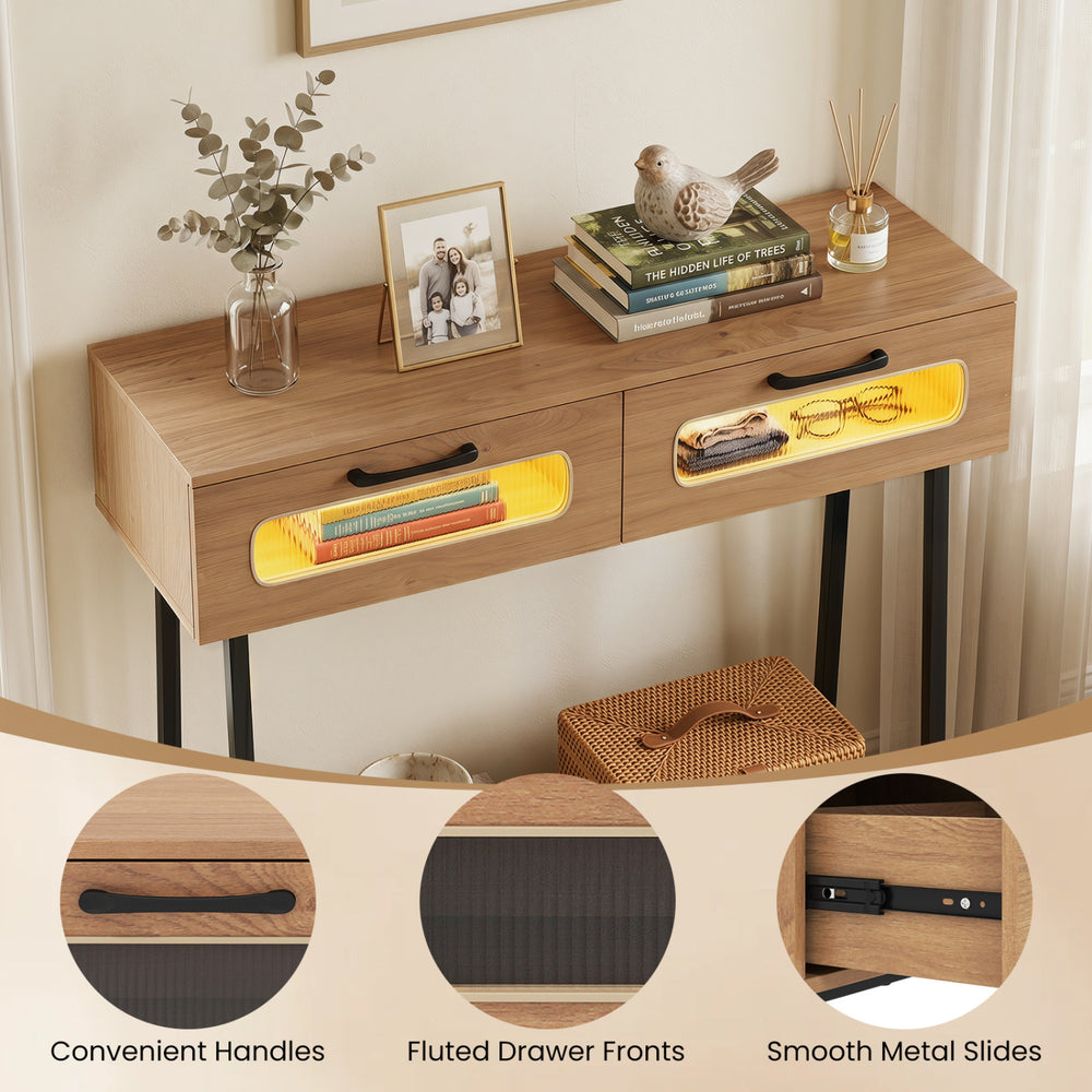 Console table with LED lights, featuring fluted drawer fronts, two large drawers, and an open shelf for stylish storage.
