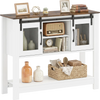 Console table with rustic brown top, sliding barn doors, and mesh accents for stylish storage in small spaces.