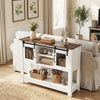 Console table with rustic brown top and white frame, featuring sliding barn doors and adjustable shelves for versatile.
