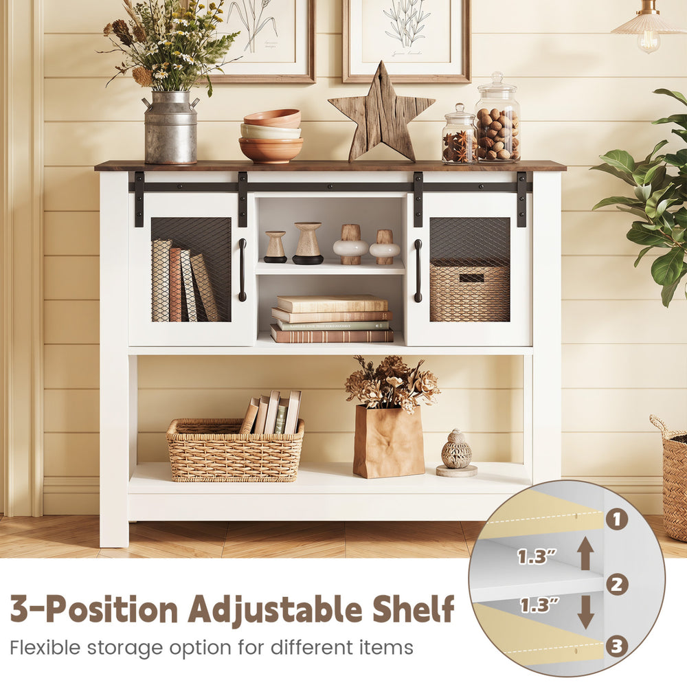 Console table with sliding barn doors, rustic brown finish, featuring a 3-position adjustable shelf for versatile.