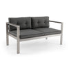 Contemporary 2-person sofa chair with WPC armrests and soft cushions, ideal for balcony or backyard relaxation.