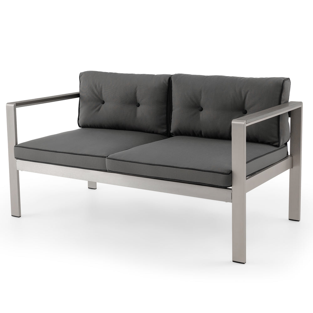 Contemporary 2-person sofa chair with WPC armrests and soft cushions, perfect for balcony or backyard relaxation.